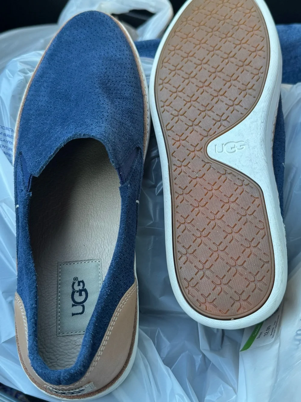 UGG Navy Suede Slip-On Loafers with Tan and White Sole